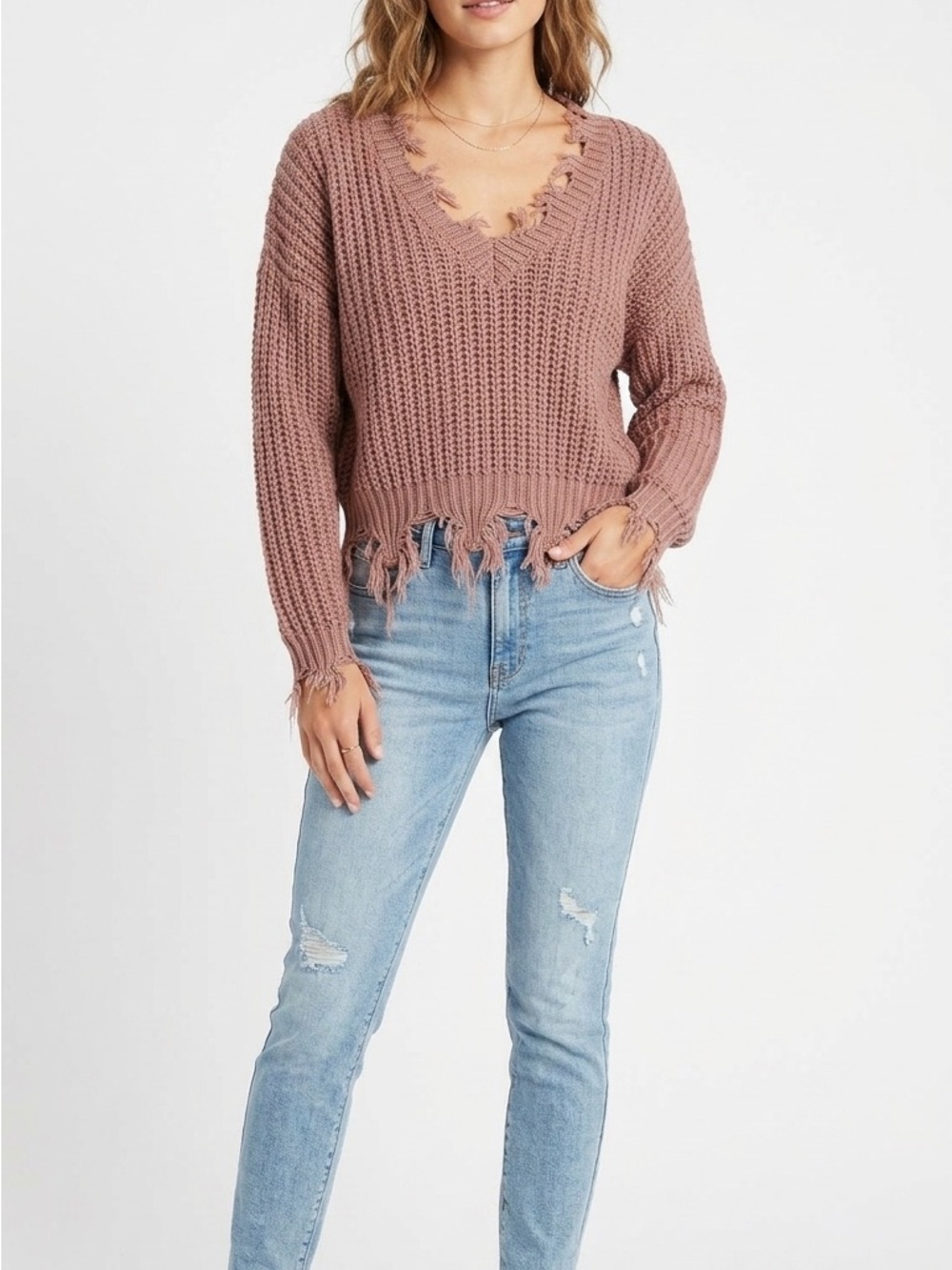 Love Tree Distressed V-Neck Chunky Knit Sweater - Brown